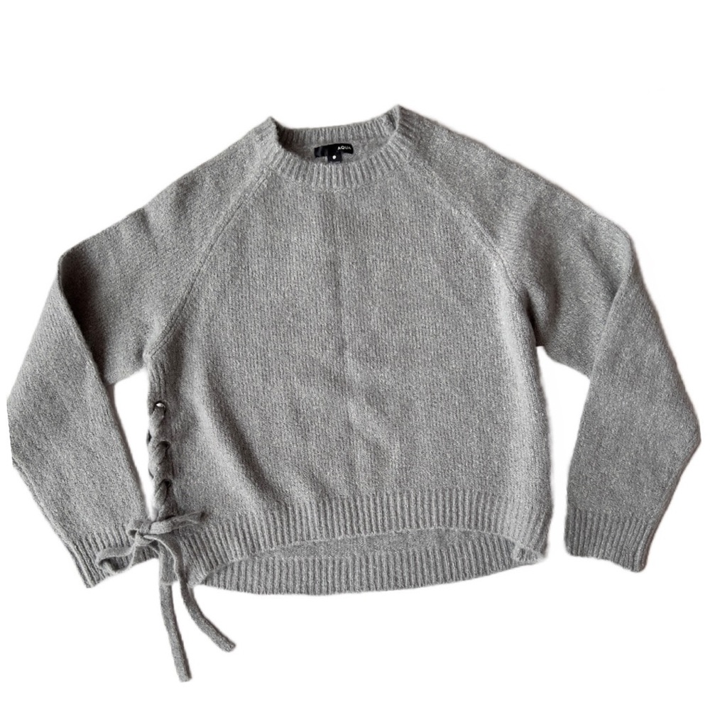 Aqua for Bloomingdale's Women's LG Gray Cropped Lace-Up Crew Sweater MSRP $88